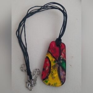 Vintage Hand Blown Dichroic Glass Pendant Cord 11" Necklace